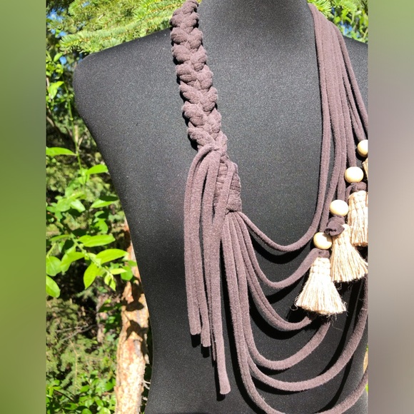 Brown Recycled Fabric Graduated Multi Strand Necklace Wood Beads Burlap Tassels - Picture 2 of 7